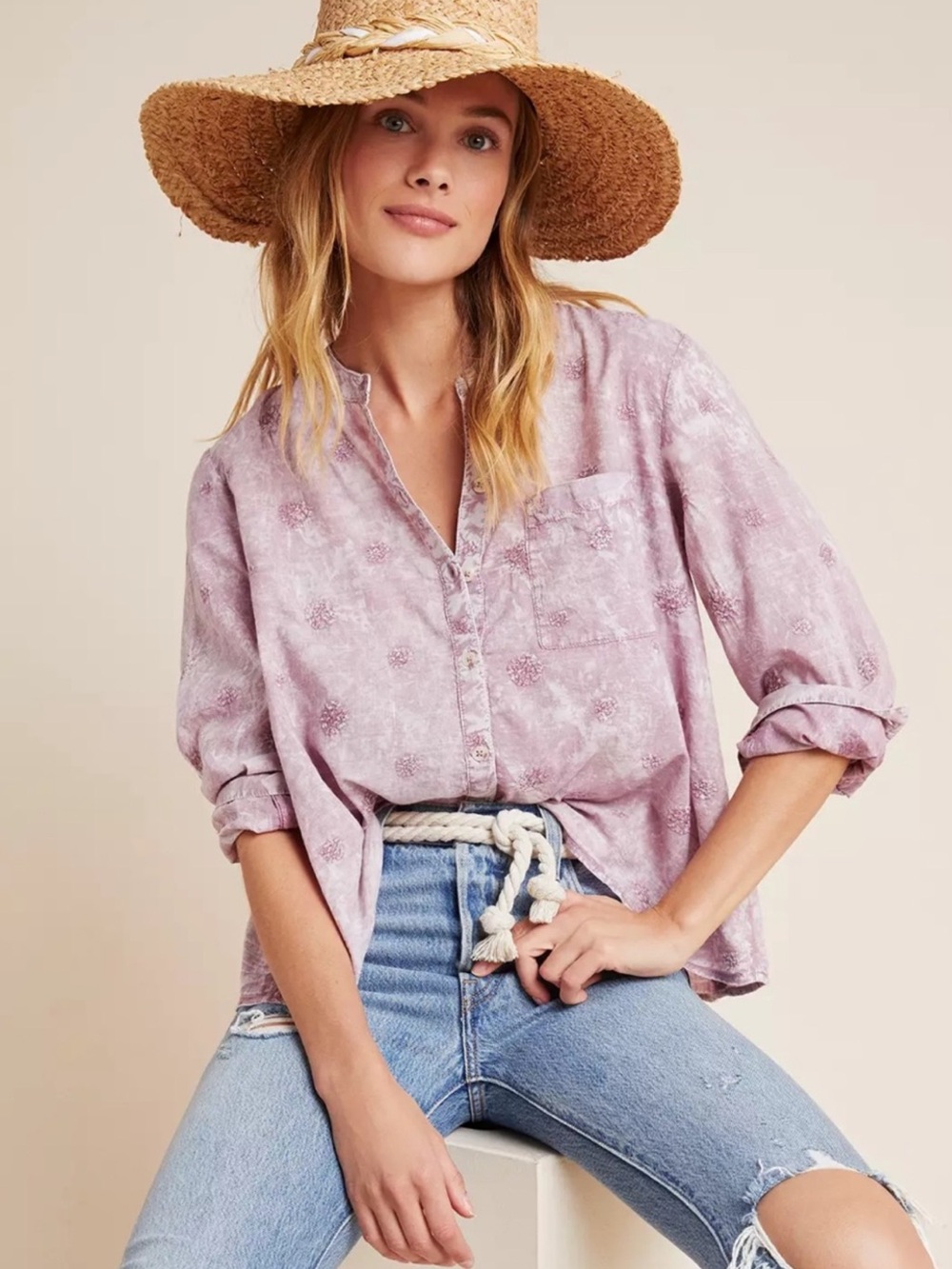 Anthro x Pilcro M Rayna Pink Lavender Cloud Tie Dye Embroidered Relaxed Shirt